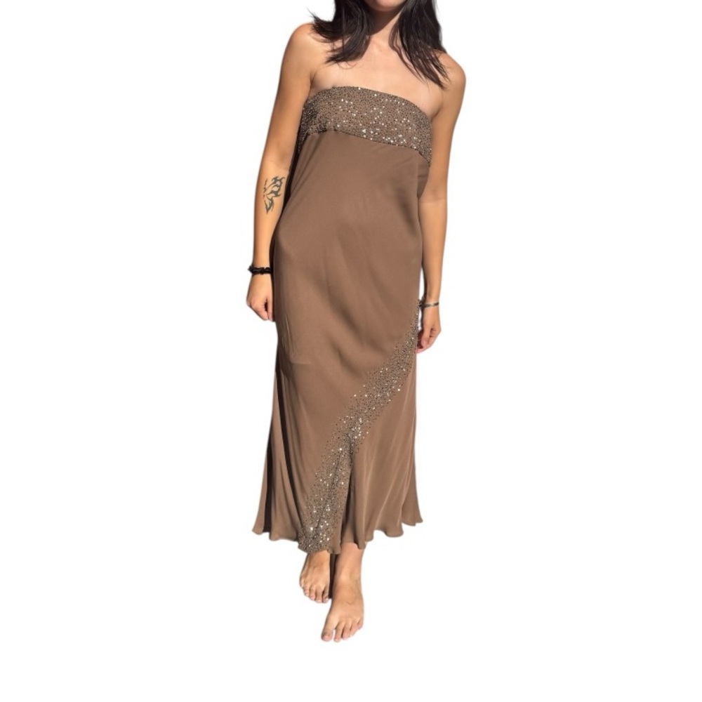 Haute Hippie XS Latte Silk Beaded Strapless Cocktail Dress